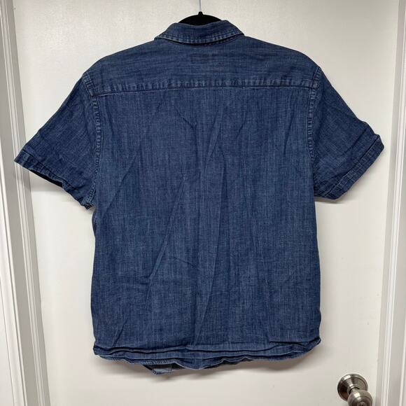 Express Mens Double Pocket Denim Short Sleeve Button Up Shirt Blue Jean Large - Picture 2 of 8